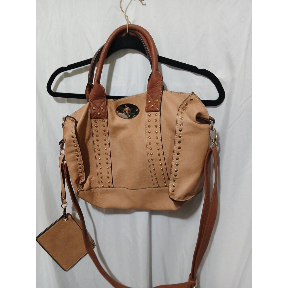 Black Rivet Purse  Faux Leather Medium  Brown Gold Tone Rivets 3 Piece